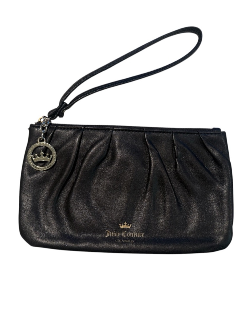 Juicy Couture Black Leather Wristlet Clutch with Gold Charm